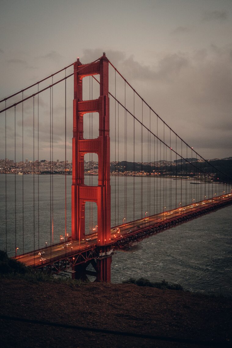 Golden Gate Bridge at dusk over San Francisco Bay — SecureVault Consulting